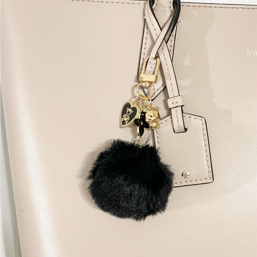 Gold and Black Key Holder with Pom-Pom and Charms